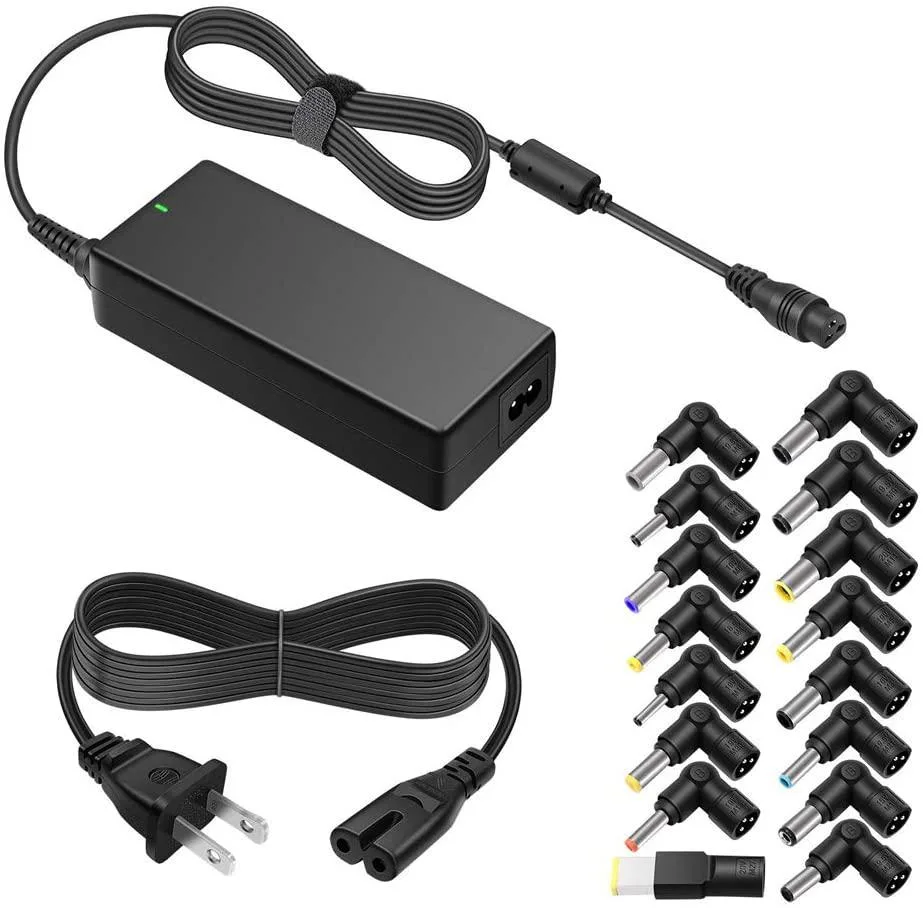 Compact black rectangular power adapter with detachable cable and interchangeable tip connectors