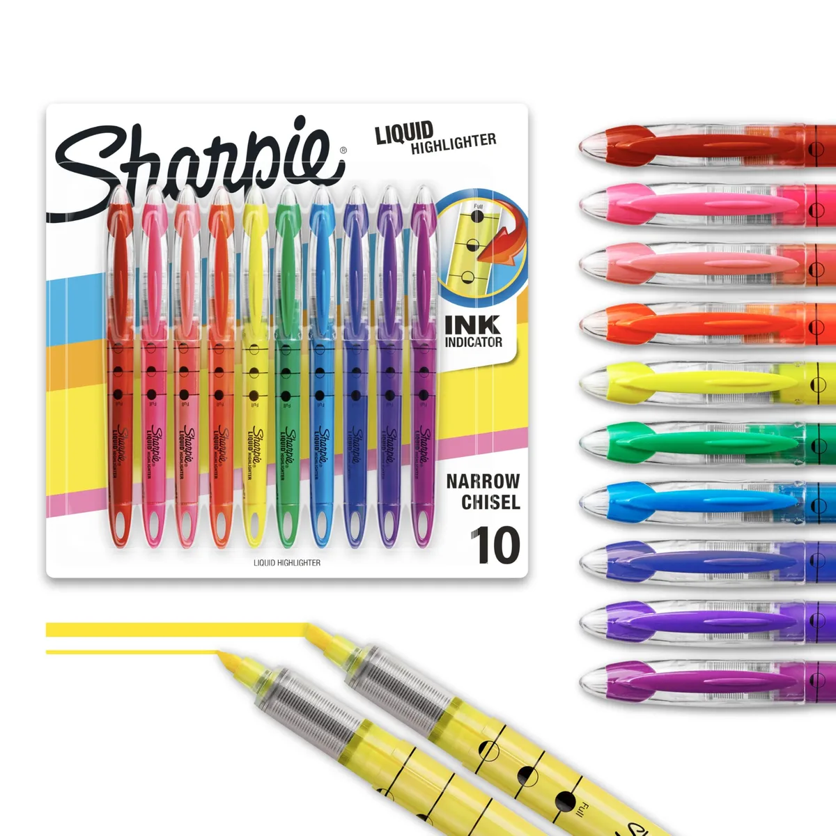 Ten cylindrical highlighters in assorted fluorescent colours with chisel tips and visible ink windows