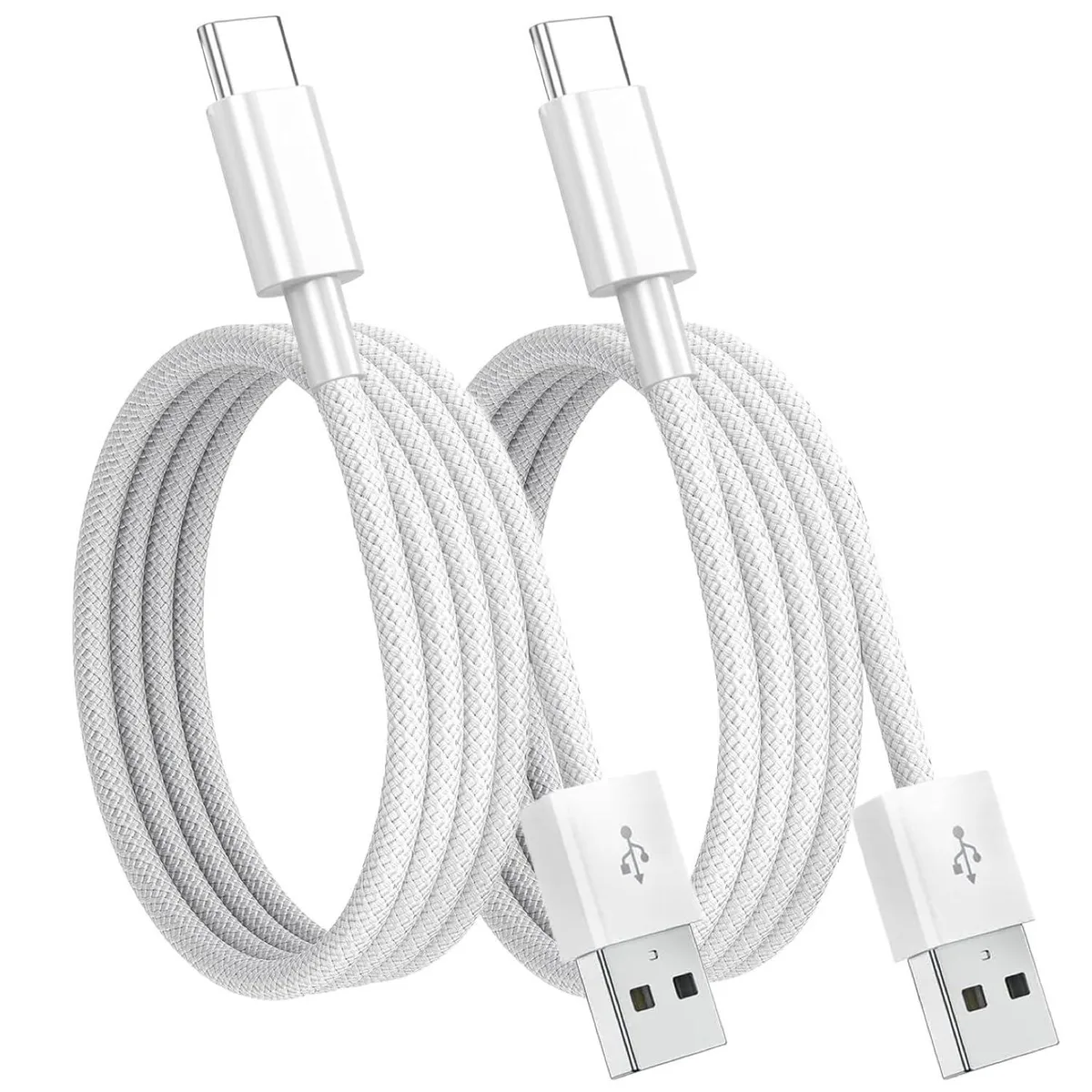 Two white nylon-braided USB-A to USB-C cables, 3.3FT each, male-to-male connectors