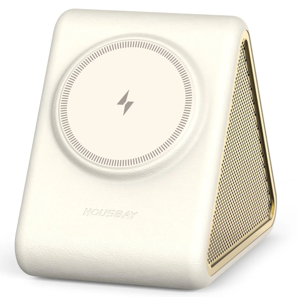 Cream triangular leather sound machine with magnetic wireless charger, 120 by 120 by 25 mm