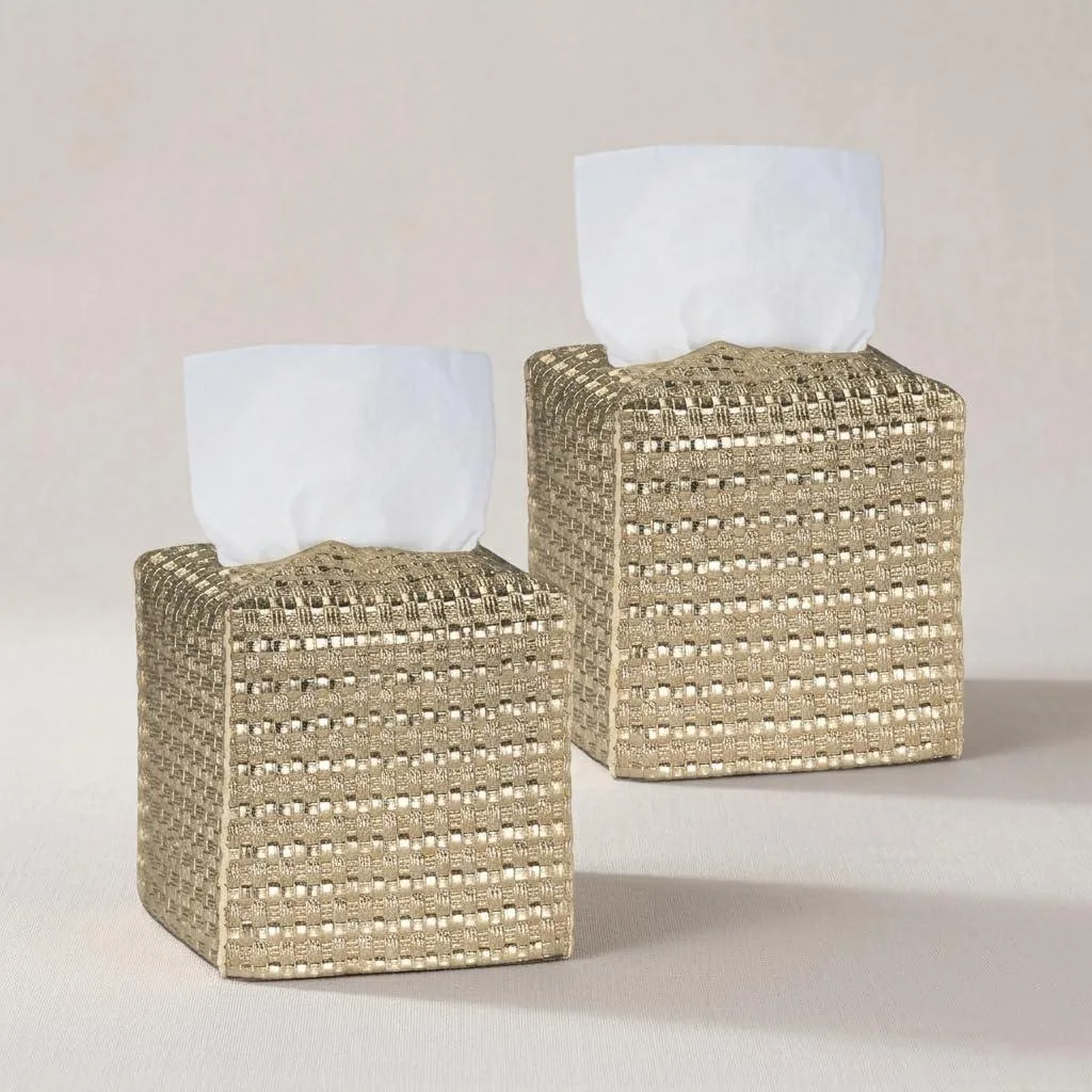 Two square golden woven faux-leather tissue box covers, 5.31 inches each
