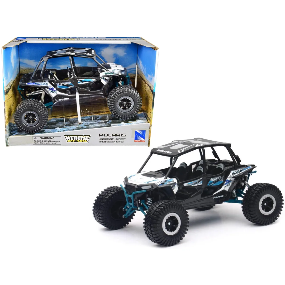 New Ray Toys New Ray Toys Polaris RZR XP 4 Turbo EPS Sport UTV 1/18 Diecast White with Graphics Black Top — product photo