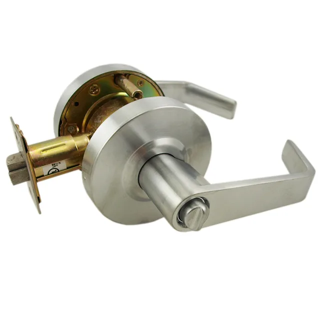 Satin chrome angled lever privacy lockset on door