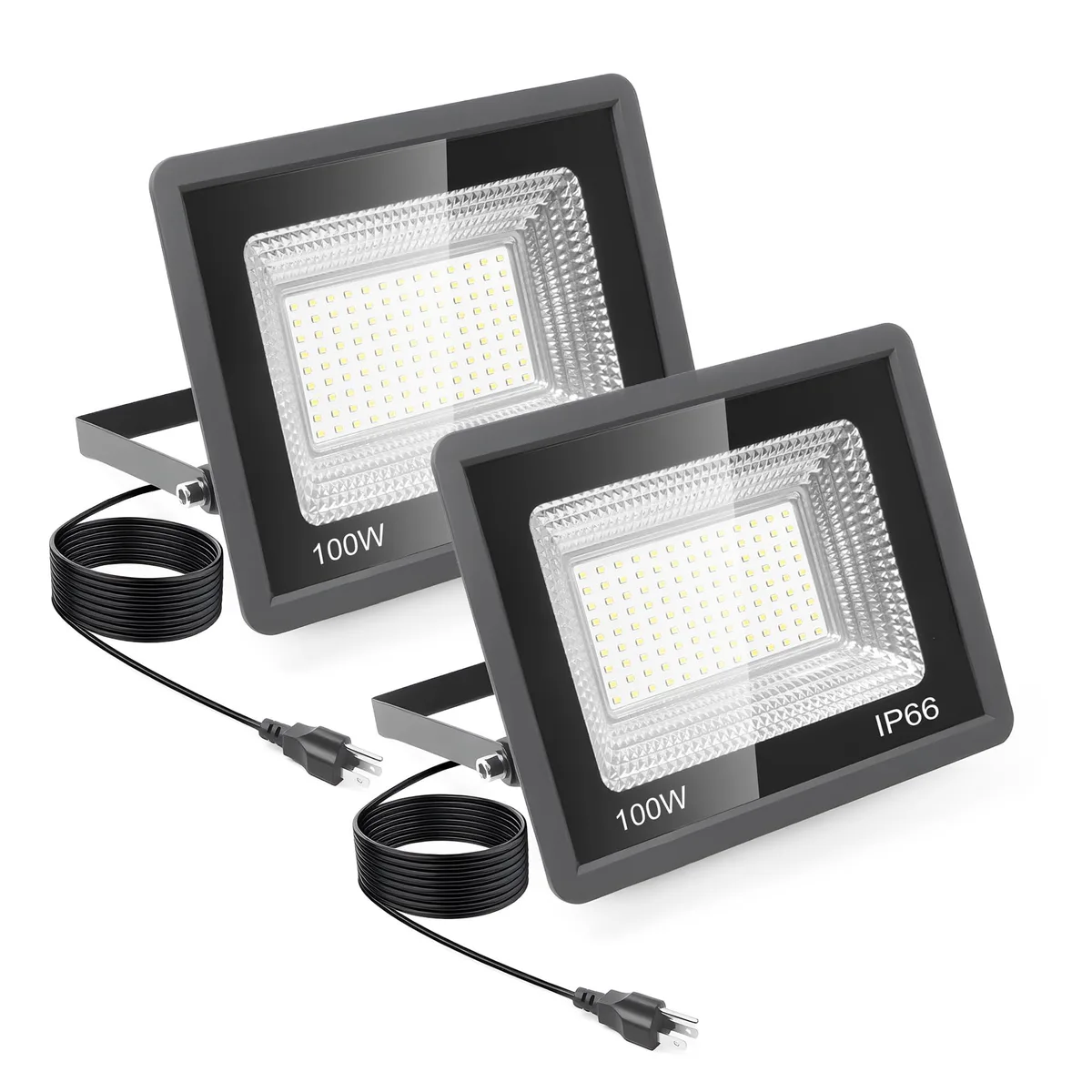 Two rectangular floodlights with unfinished alloy steel housings and adjustable metal brackets
