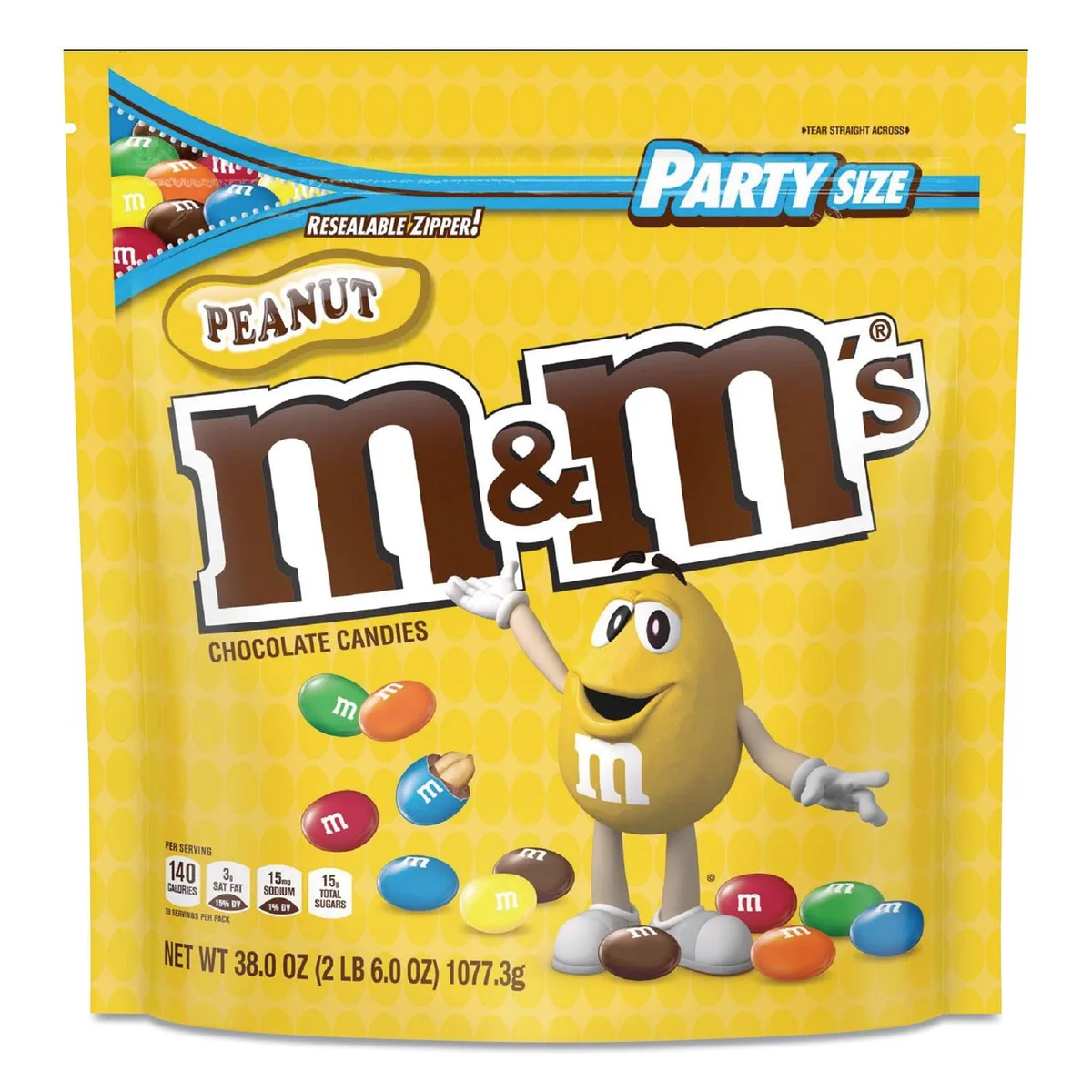 Large yellow bag of M&M's Peanut Chocolate Candy 38 oz
