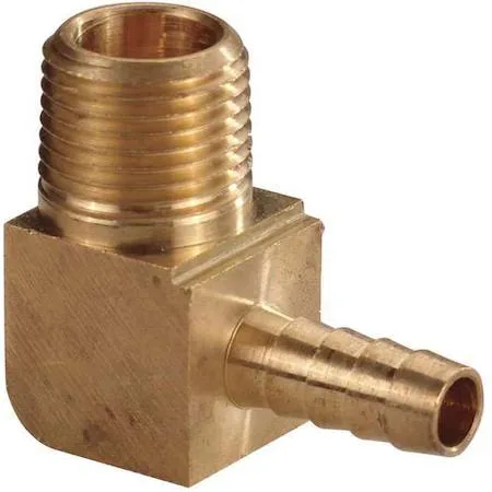 Brass 90-degree elbow barb fitting, yellow finish, 1.41 in long