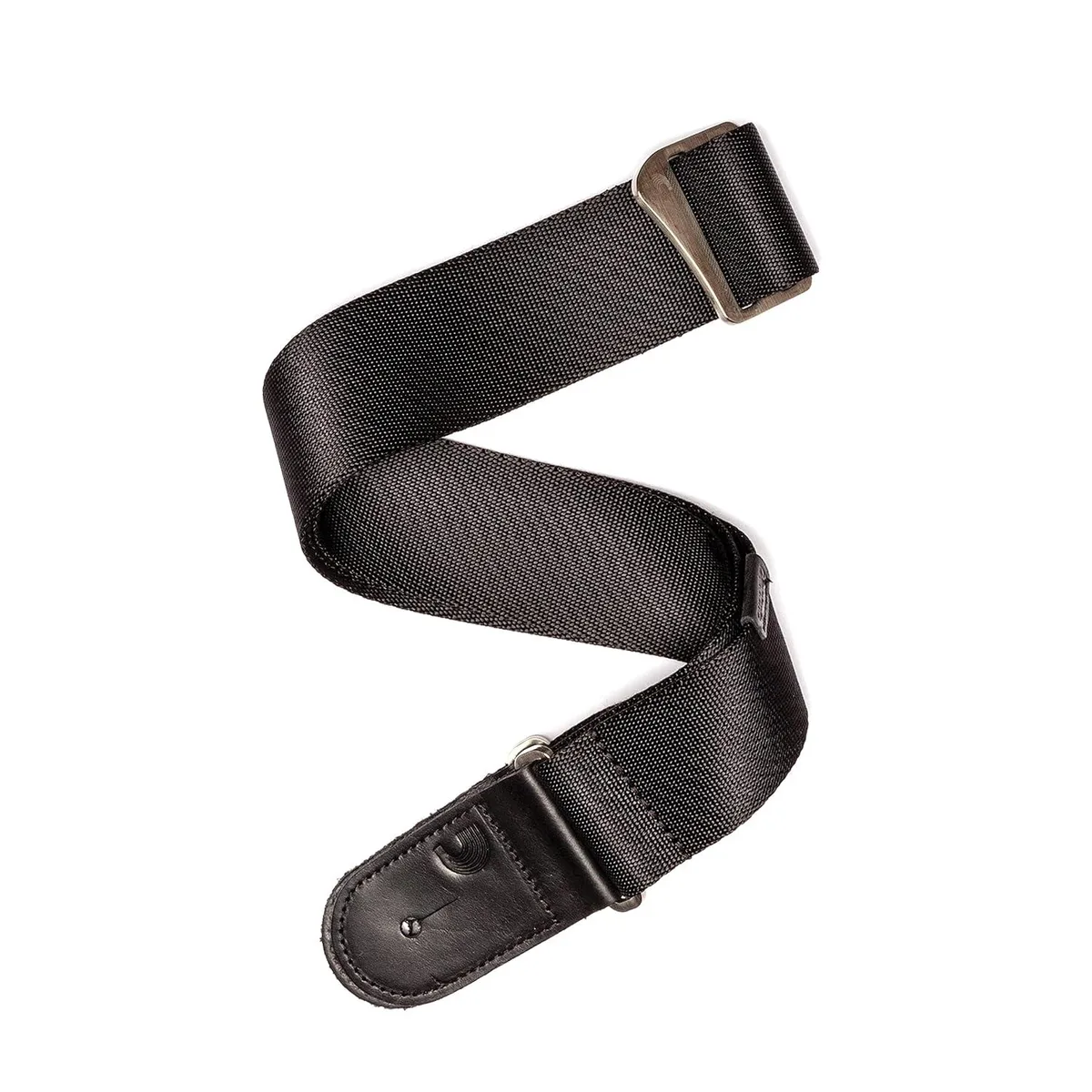 Black woven guitar strap with brushed zinc hardware and leather ends, adjustable length 34 to 57 inches, two inches wide