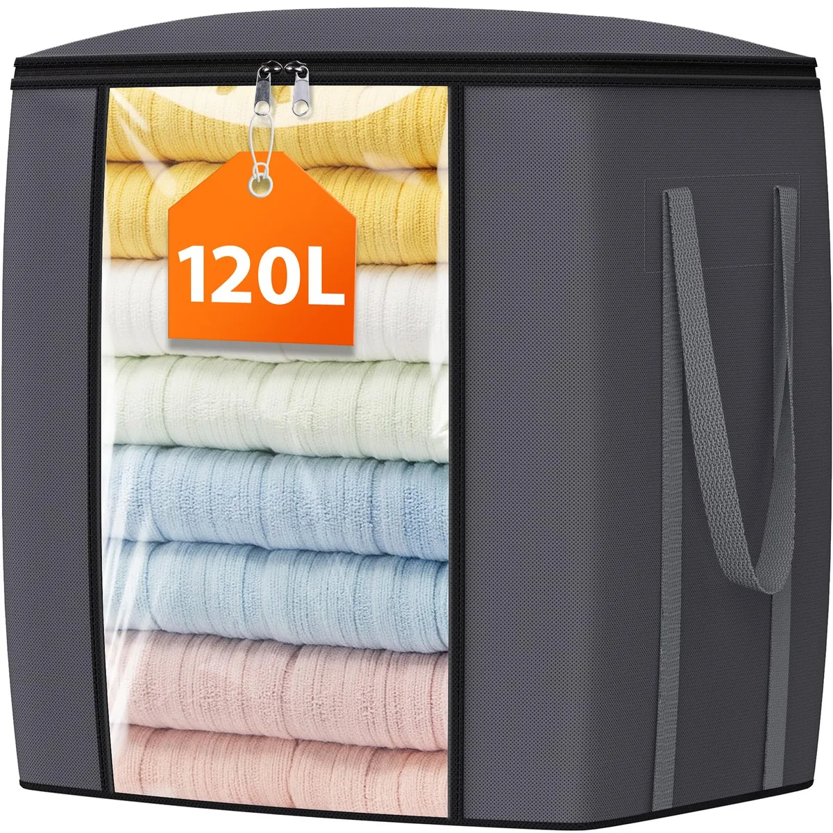Grey fabric storage bag with clear window, reinforced handles and zippers, folded flat