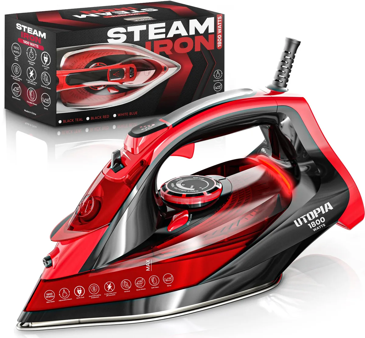 Utopia Home Steam Iron 1800 W Black Red Non-Stick Soleplate — product photo