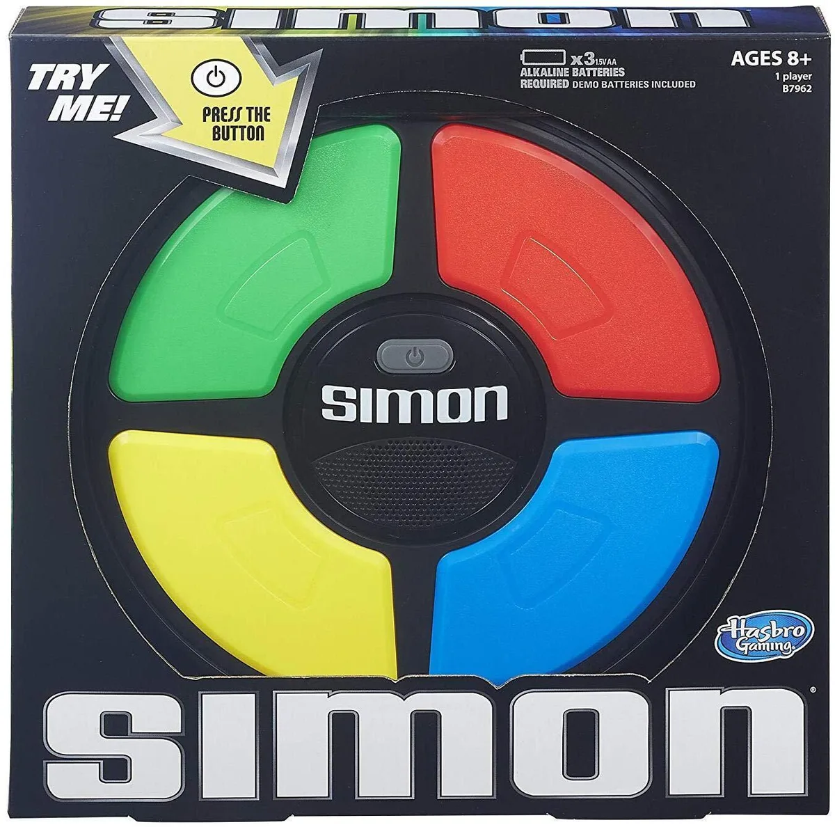 Black plastic Simon game unit with four coloured buttons and central display
