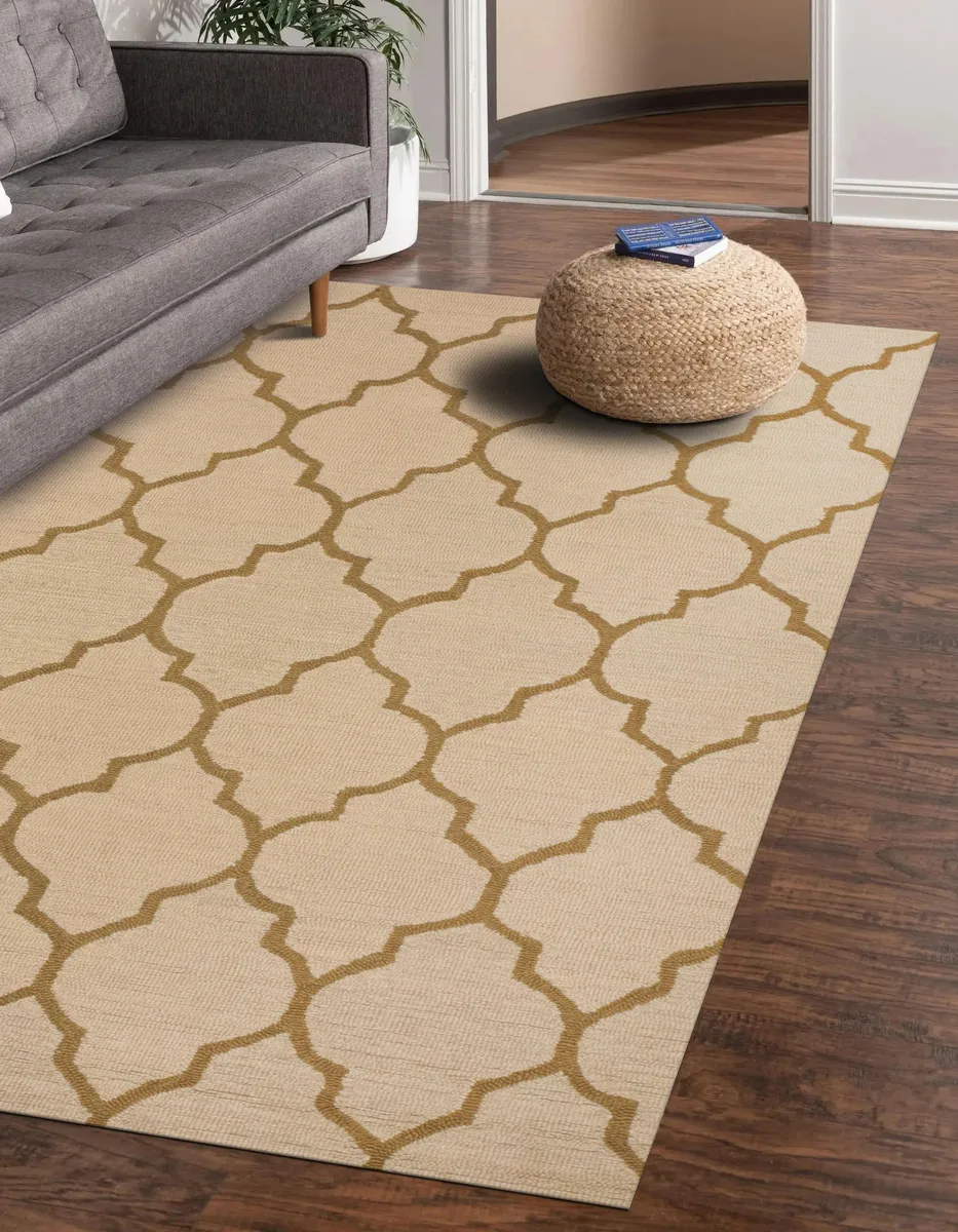 Hand-tufted wool rug in light beige with trellis lattice pattern