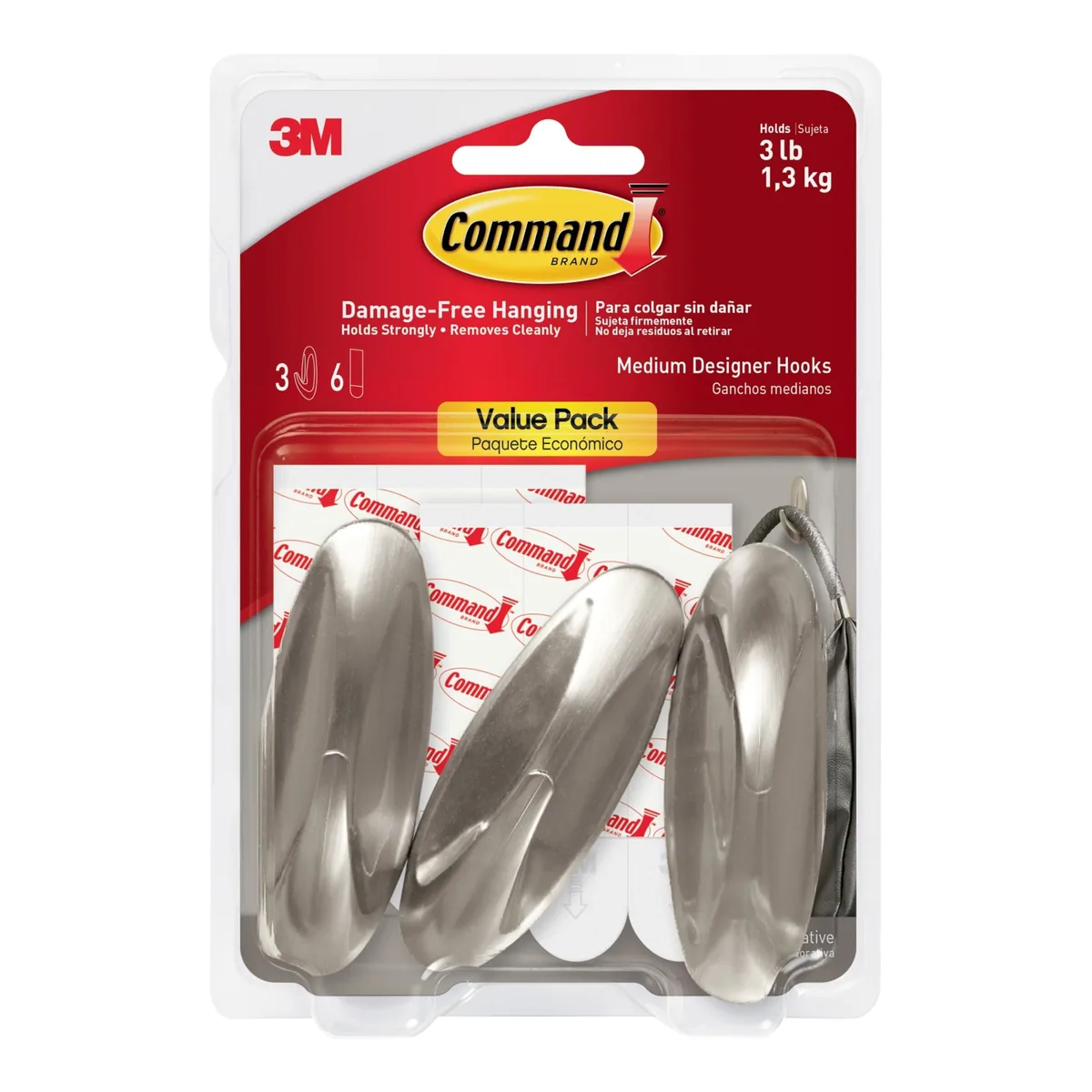 Three brushed nickel hooks with six adhesive strips