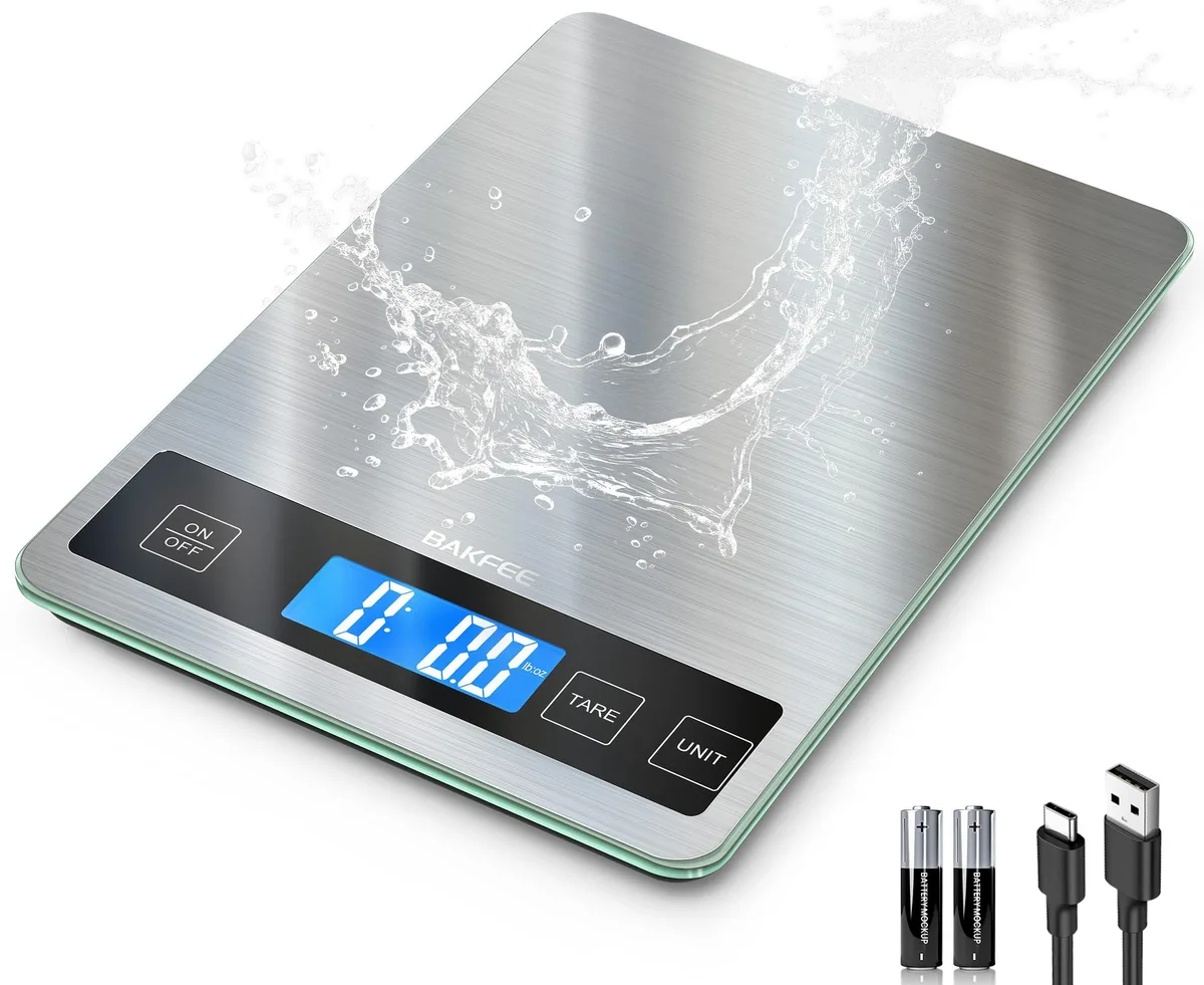 Black rectangular countertop scale with stainless steel and tempered glass platform, backlit LCD display