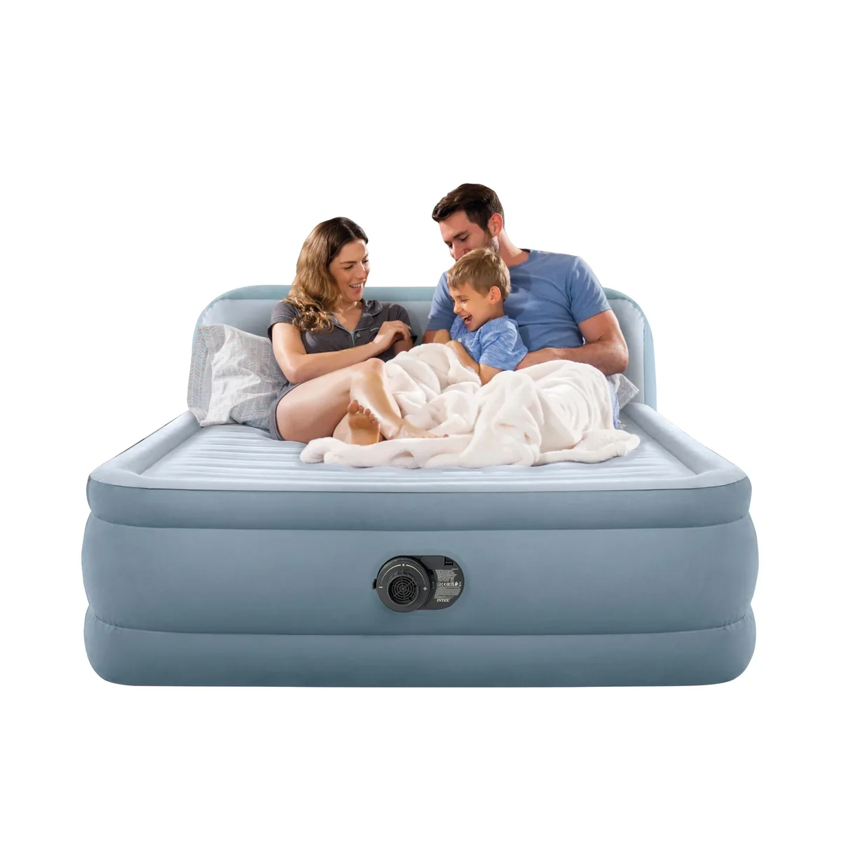 Blue rectangular queen air mattress with built-in headboard, 18in high, vinyl finish, carry bag included