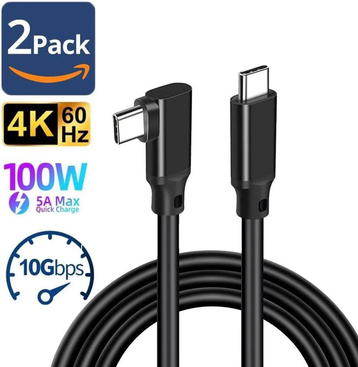 SMUGDESK SMUGDESK 100W USB C to C Cable 6.6FT 20Gbps 100W 4K 60Hz Right Angle 2-Pack — product photo