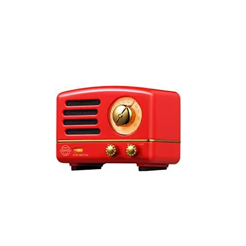 Red retro metal portable Bluetooth speaker with front grille and tuning knob