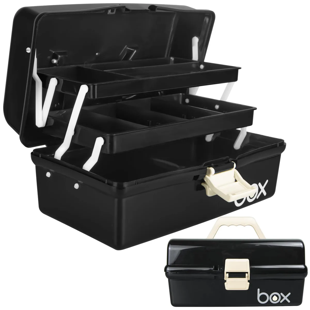Black 12-inch plastic storage box with two removable trays and a carry handle