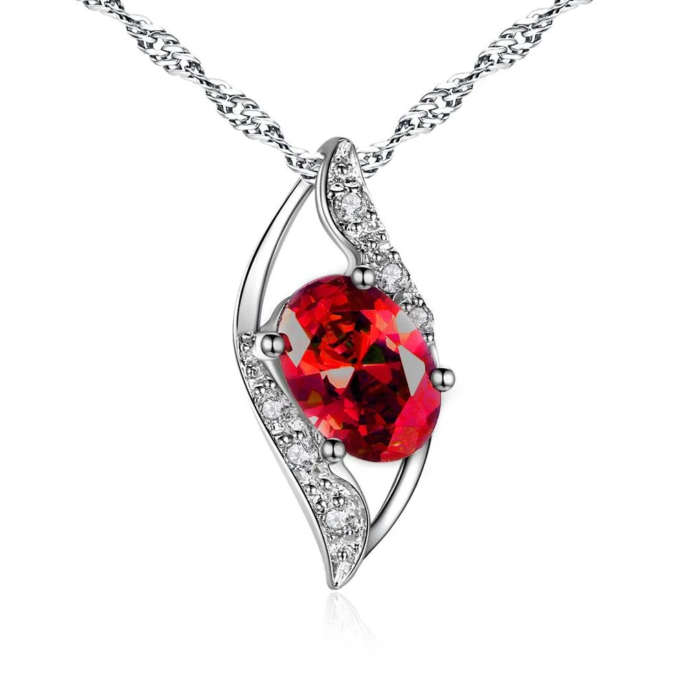 Mabella Fashion Mabella Fashion Sterling Silver Simulated Ruby Oval Cut Leaves Pendant Necklace 18 in .925 — product photo