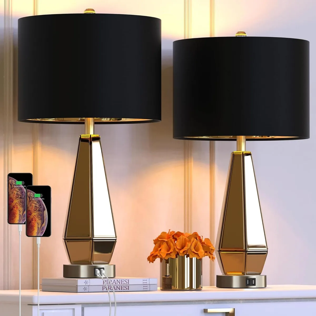 Wenger Wenger Set of 2 Mirrored Glass Table Lamps USB Ports Black Gold Shade — product photo