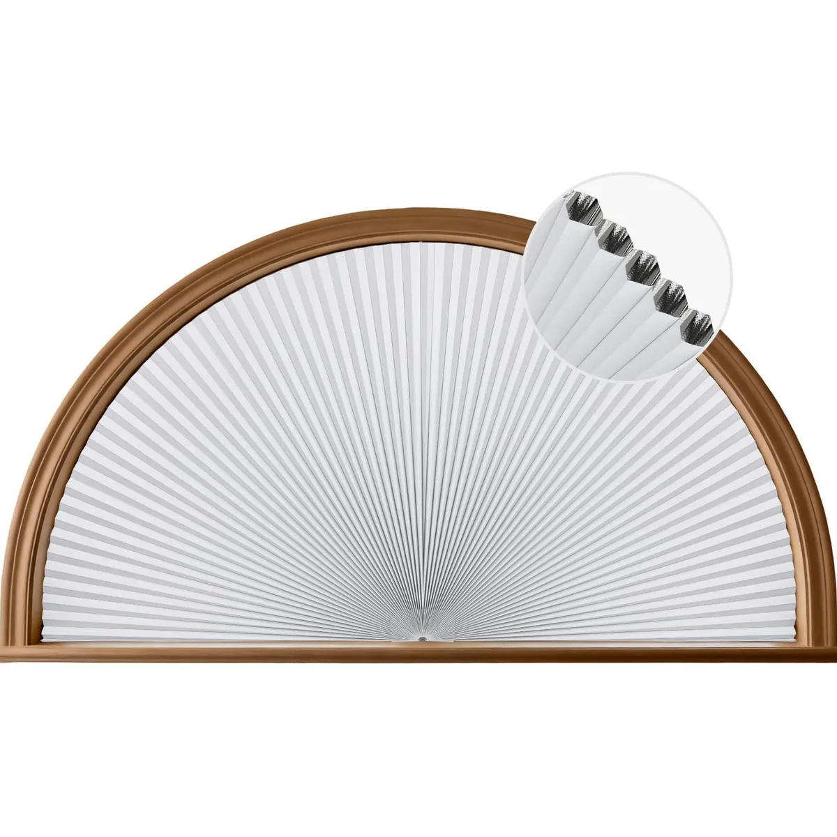White half-circle blackout shade 48 inches wide 24 inches high honeycomb fabric no-drill mount