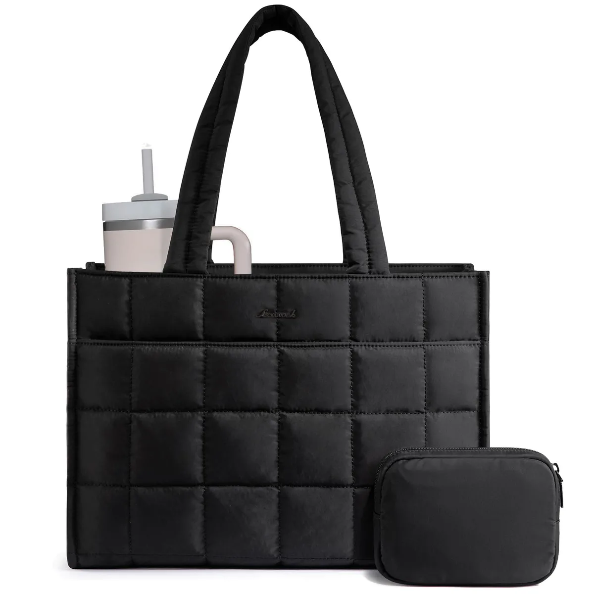 Black quilted puffer tote bag with zip closure and shoulder straps