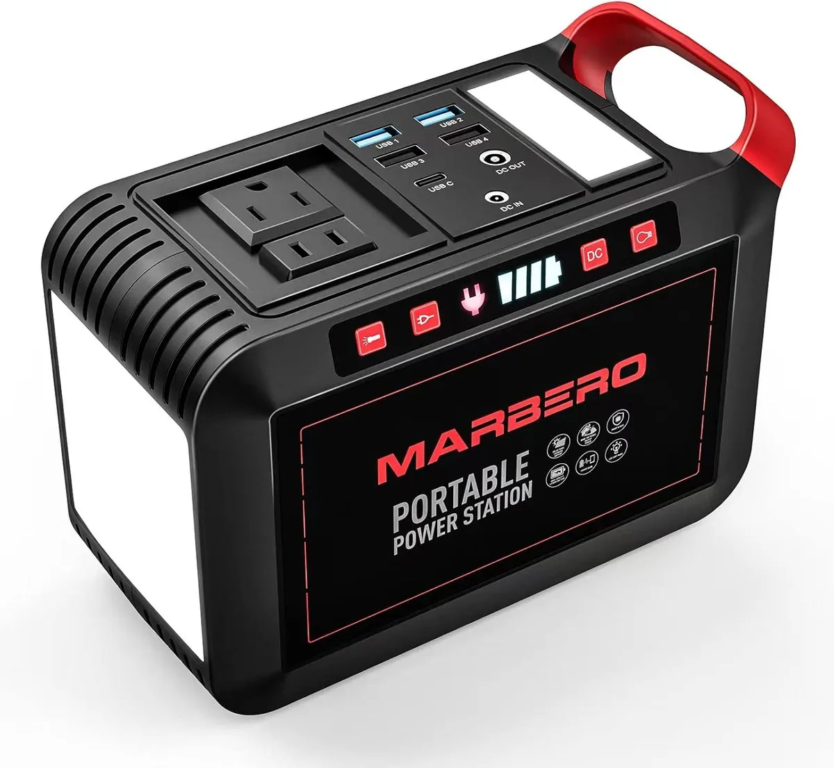 Compact rectangular power station, matte dark finish, top carry handle, front AC and USB ports, side LED light