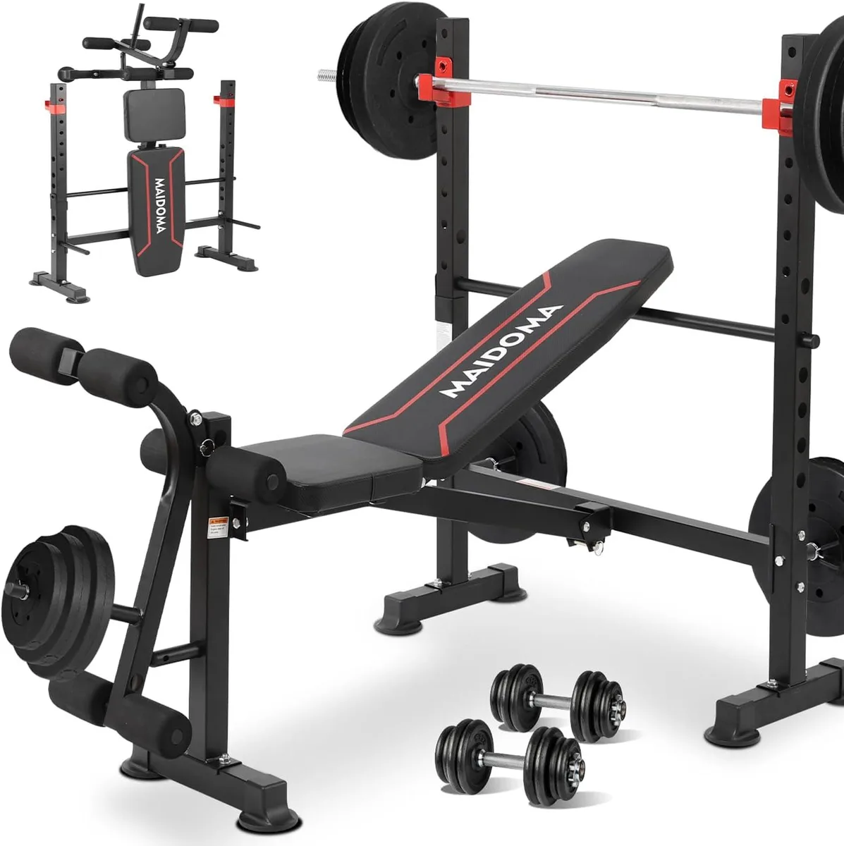 Foldable weight bench with leg developer and barbell rack, black steel frame