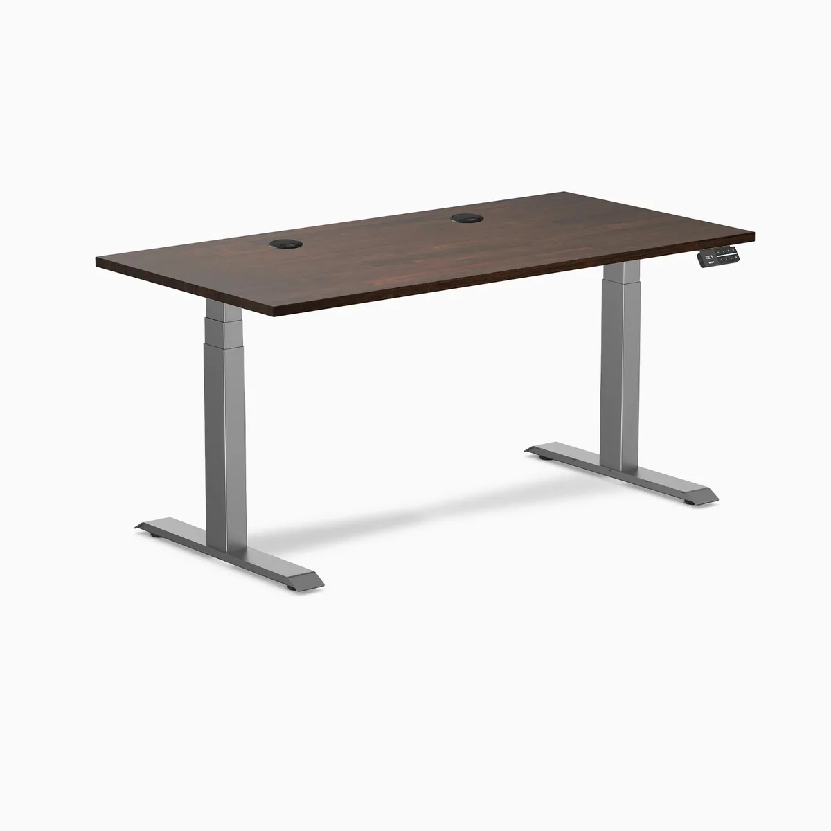 Desky Desky Dual Rubberwood Sit Stand Desk Dark Walnut 60 x 30 inches Grommets Space Grey office furniture — product photo