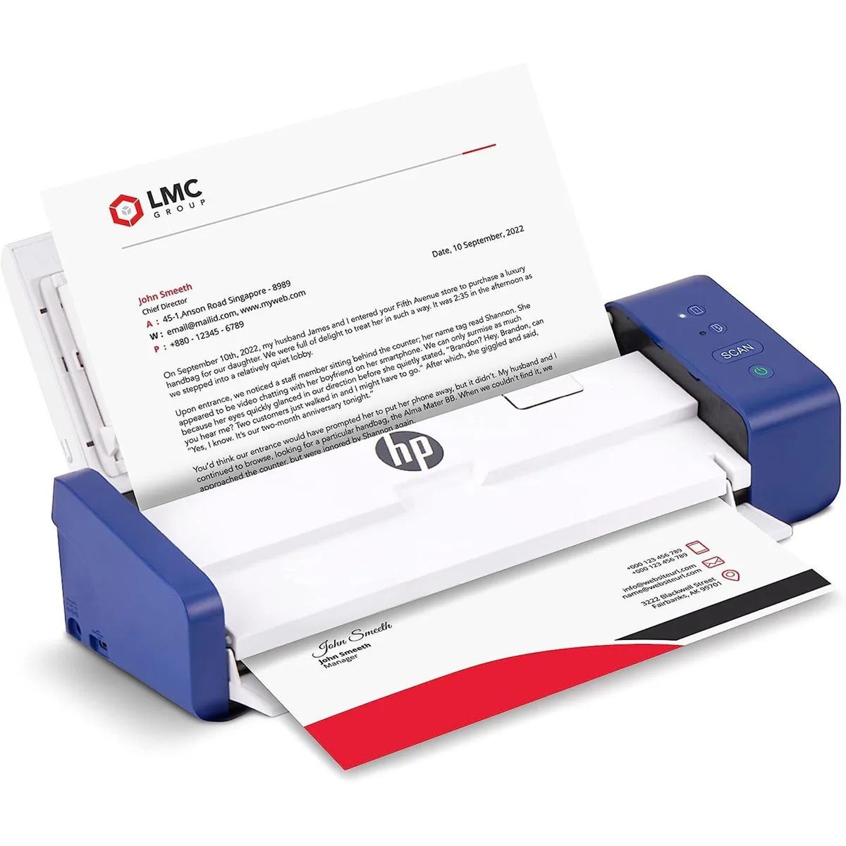 Compact blue and white portable duplex document scanner with auto-feed tray