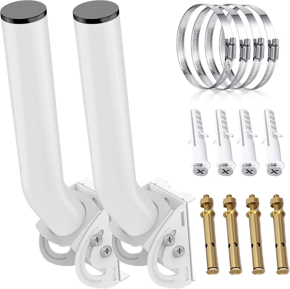 Two white 11-inch J-pole wall-mount antenna brackets with adjustable rods and non-slip gears
