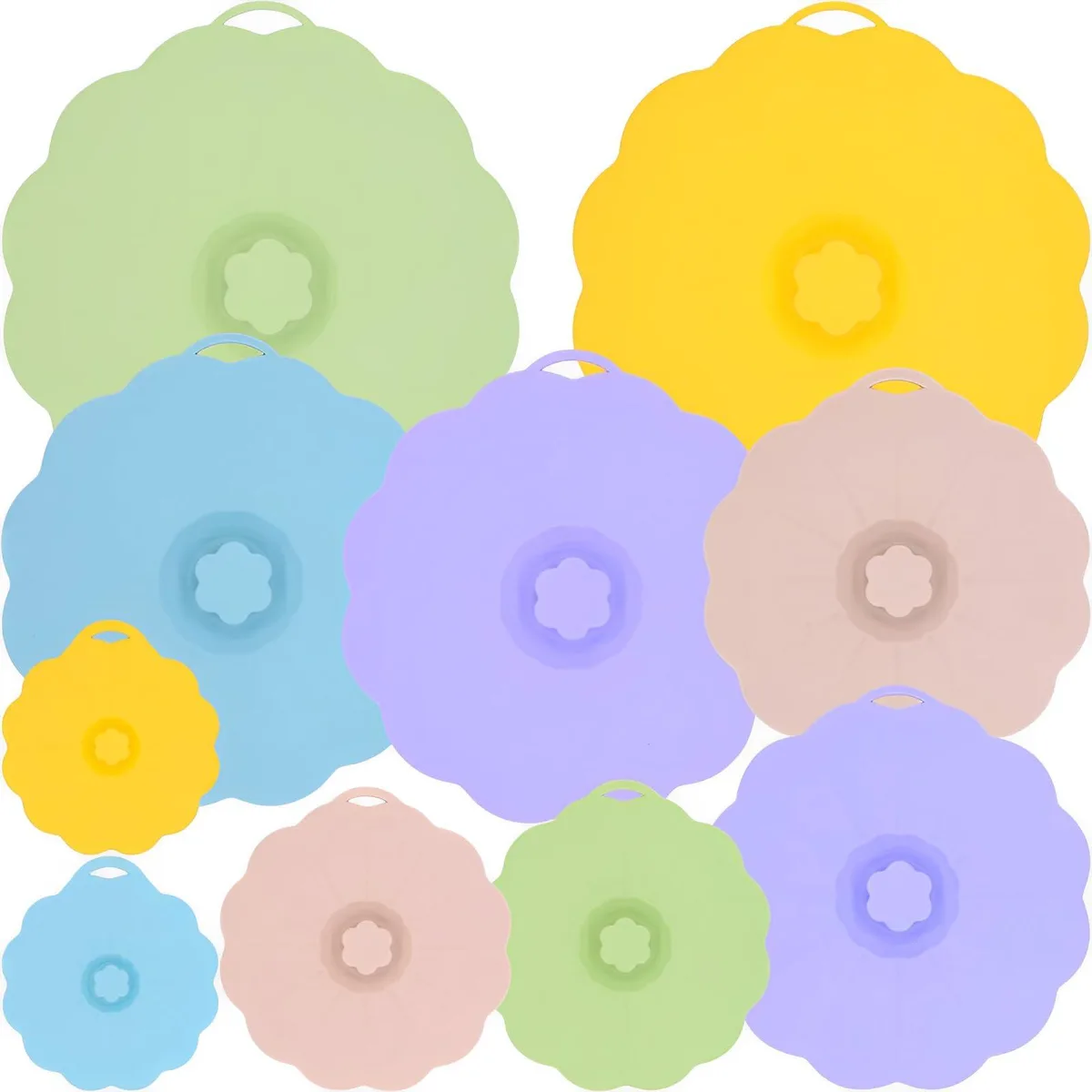 Ten assorted coloured silicone lids with grip handles, stacked together