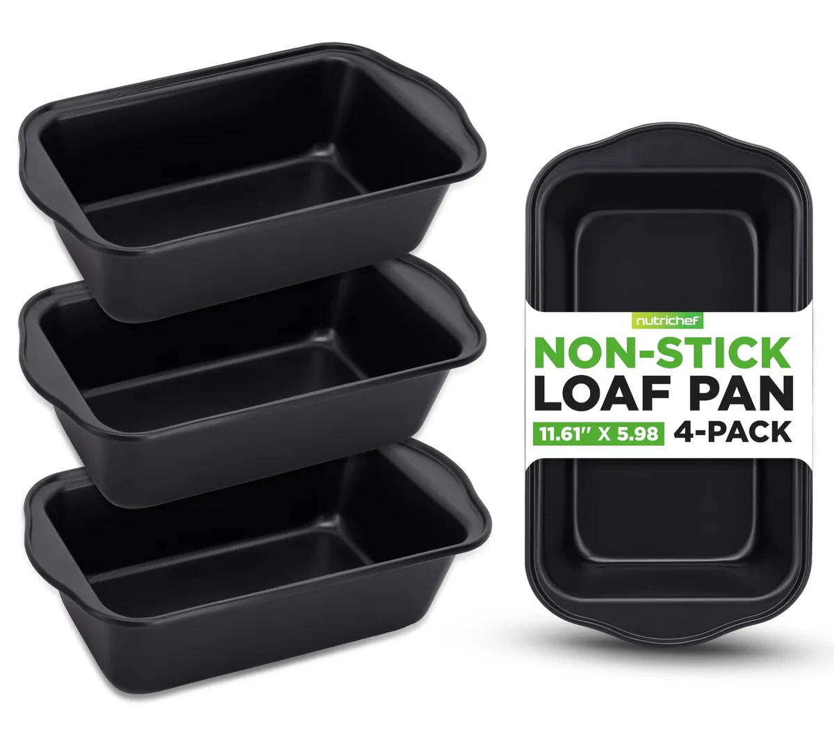 Four black non-stick loaf pans with easy-grip handles