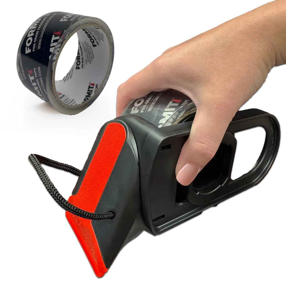 Black refillable tape dispenser with one clear packing tape roll loaded