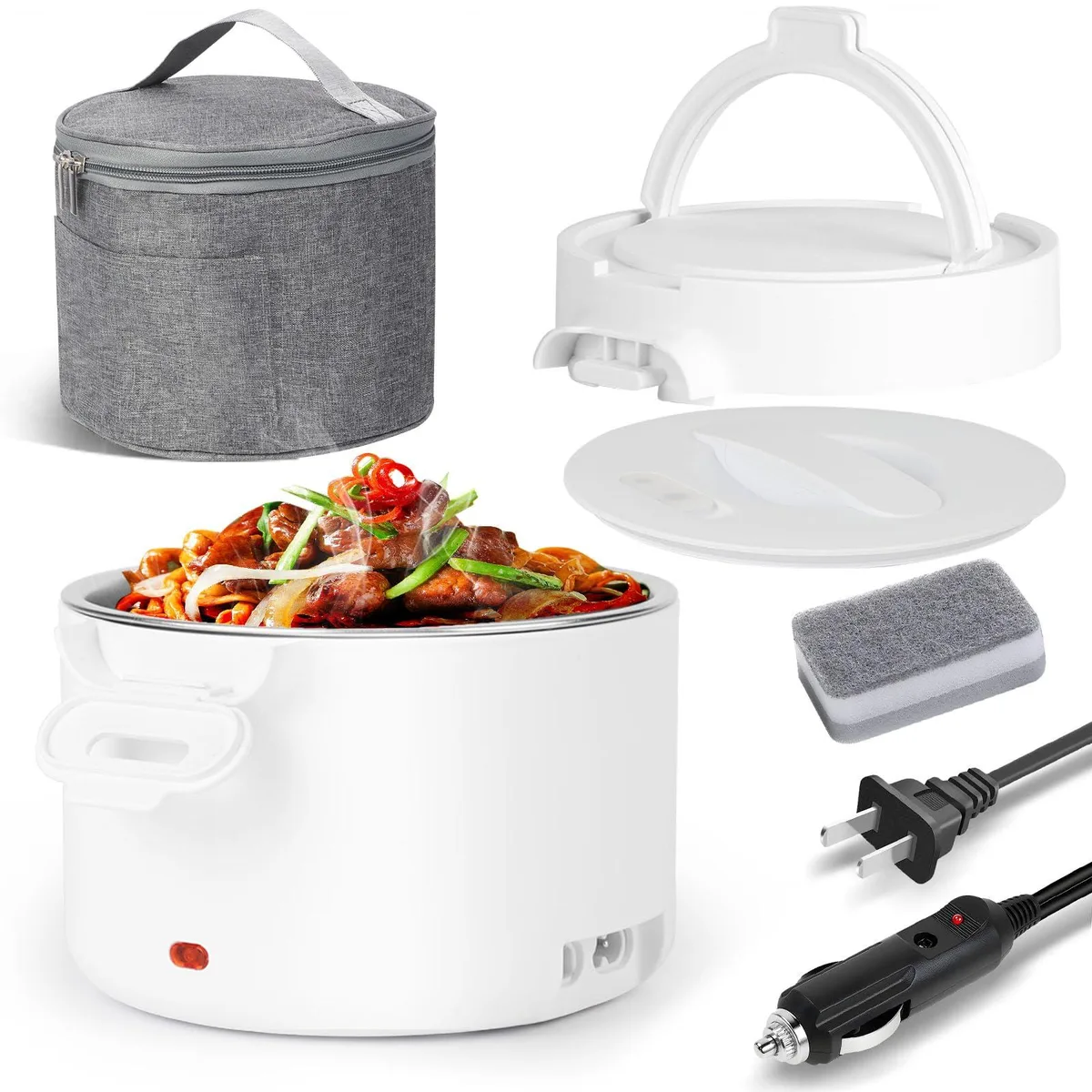 White round electric lunch box with carry bag