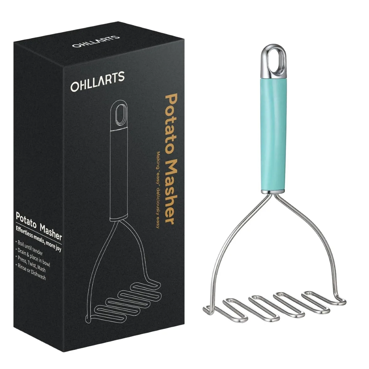 Blue stainless steel potato masher with triangular frame and ergonomic handle