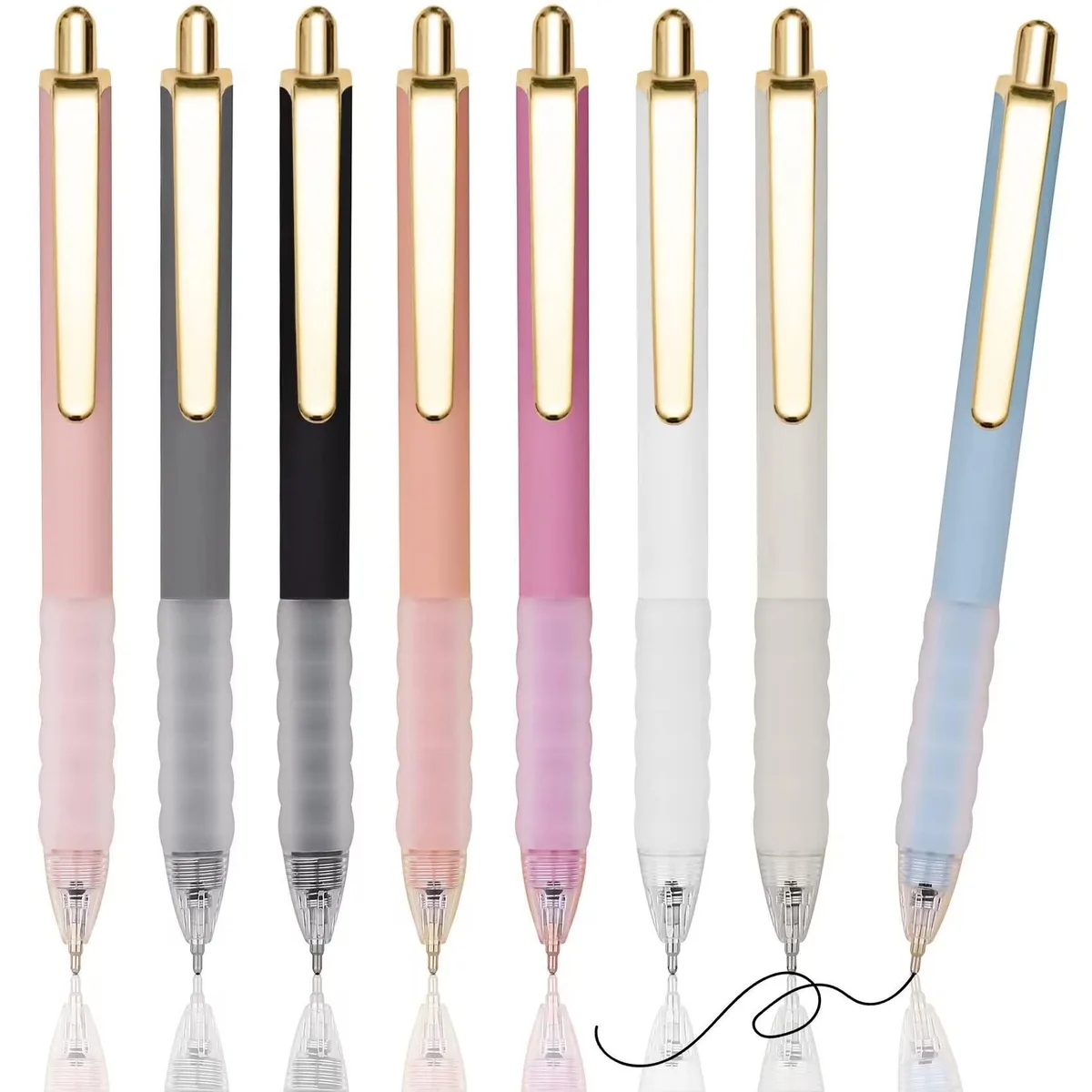 Eight blue retractable ballpoint pens with leather finish