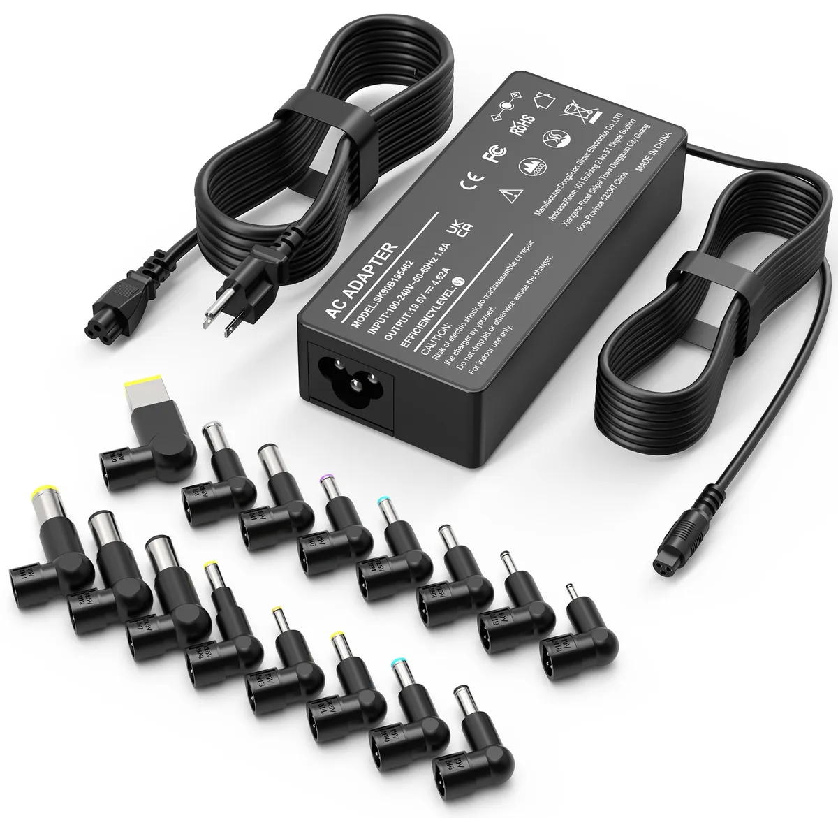 Black rectangular 90W laptop charger with 16 interchangeable barrel tips and power cord