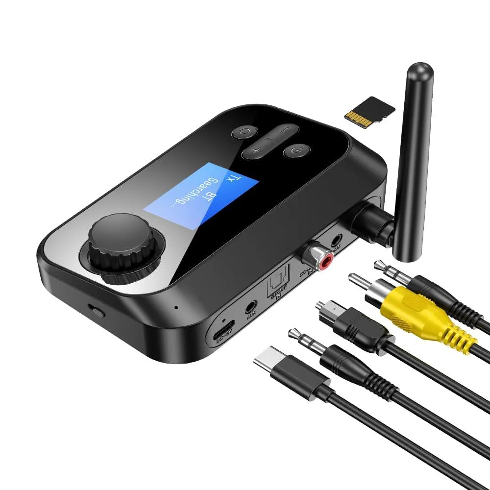 Compact black audio adapter with LCD screen and multiple ports