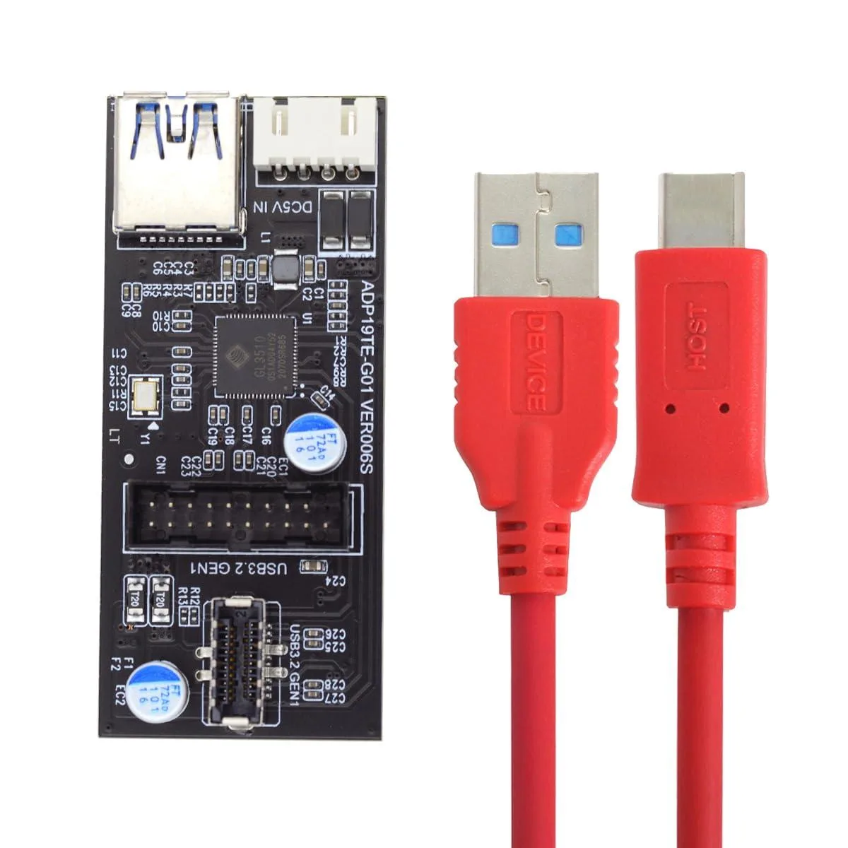 Green rectangular circuit board with a USB-C port, two 20-pin headers and a Type-E connector