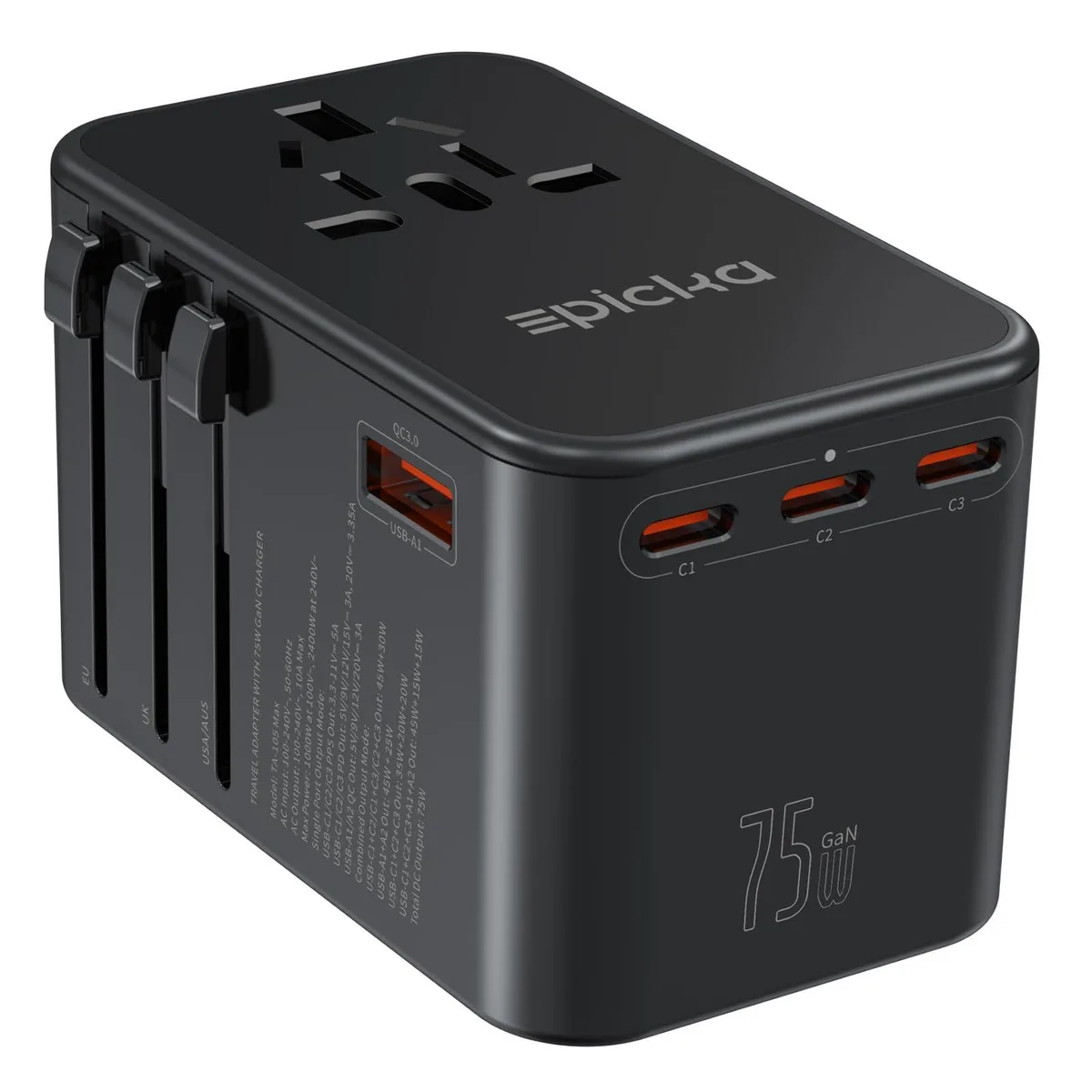 Black rectangular travel adapter with sliding plug selectors and five USB ports