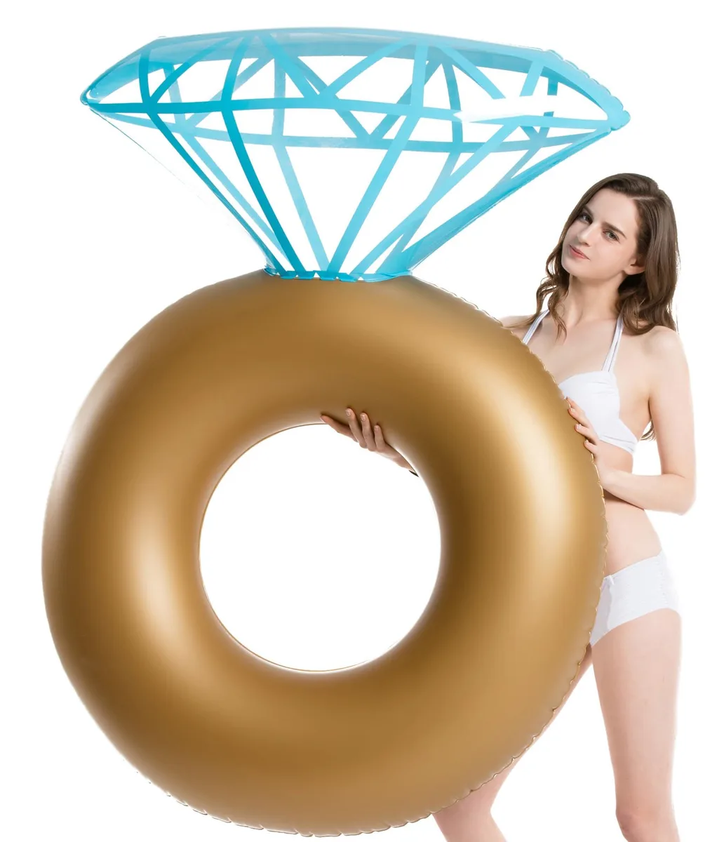 White inflatable diamond ring pool float 61 inches long 42 inches wide PVC material 500 pound capacity