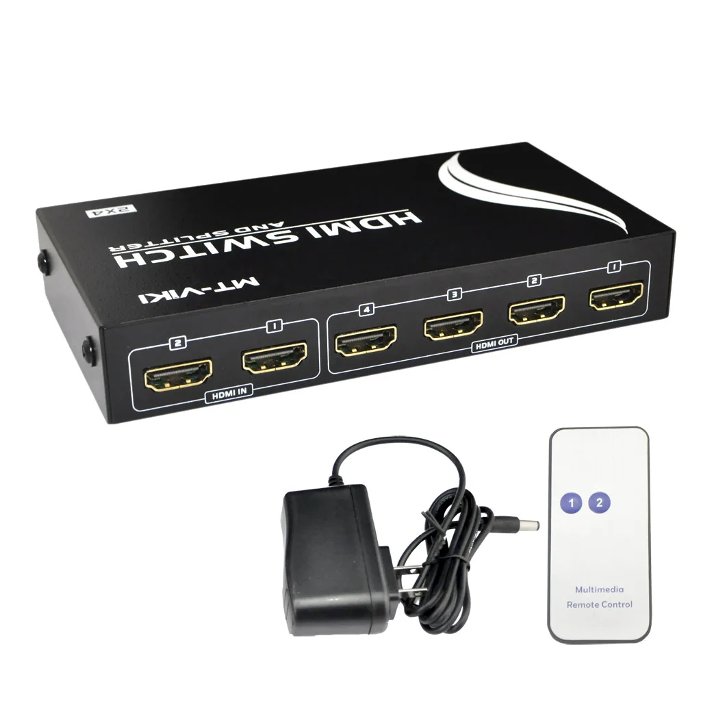 Small black box with four HDMI outputs and two inputs plus remote control