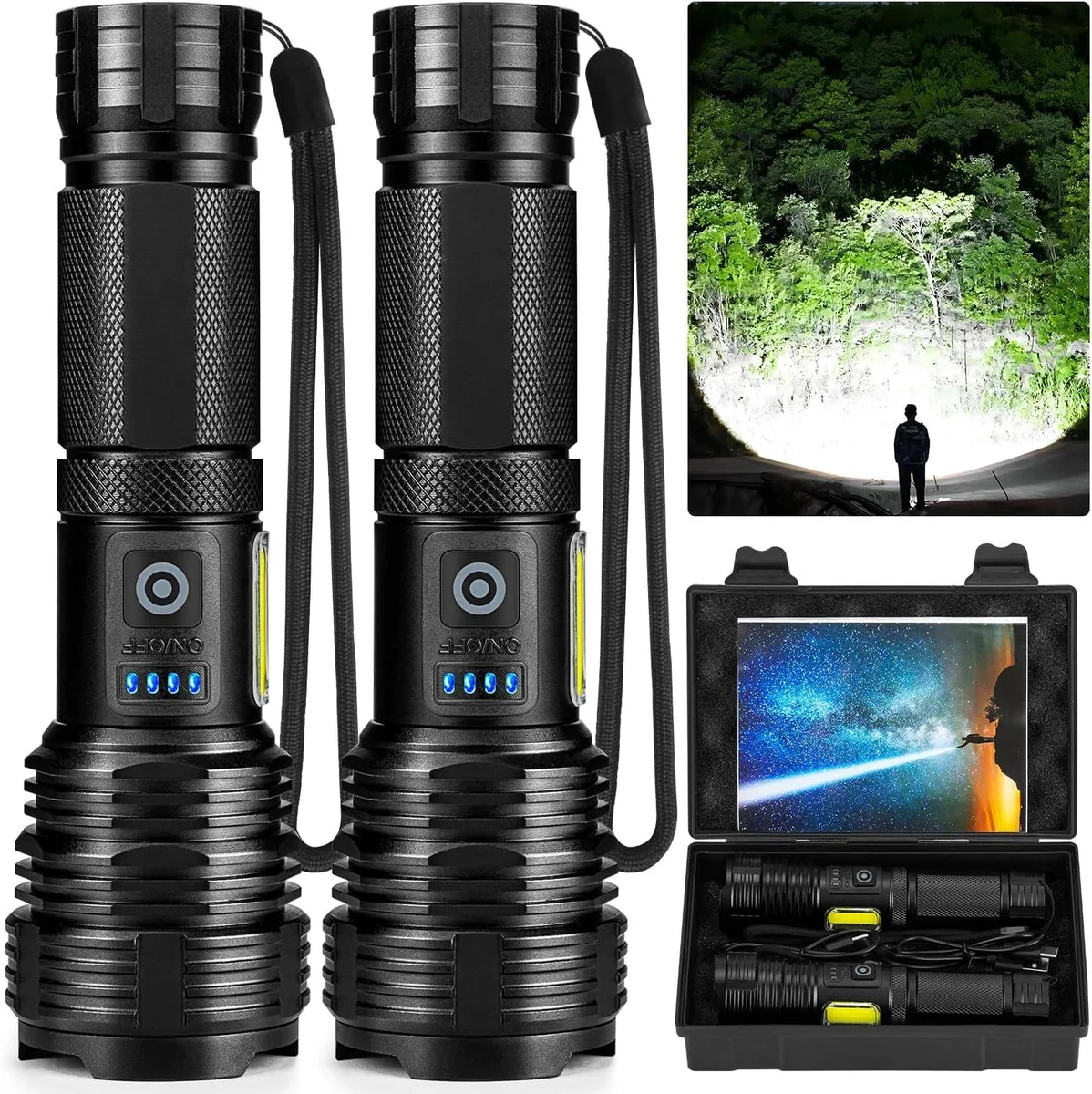 Two black cylindrical rechargeable flashlights side by side