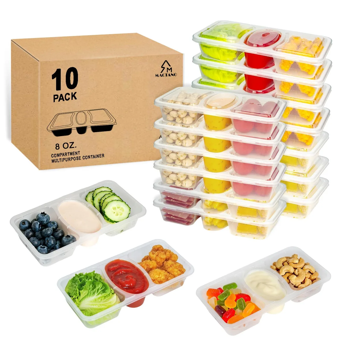 Red rectangular containers with three compartments and clear lids, ten sets stacked together