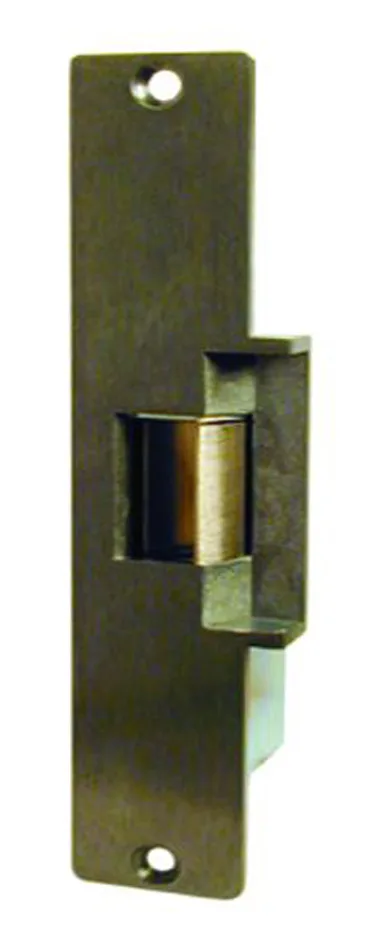 Brass mortise electric strike with flat faceplate and auxiliary ramp
