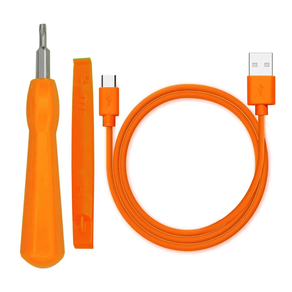 Orange double-end screwdriver bit, plastic handle, pry tool and 3.3ft orange USB Micro cable