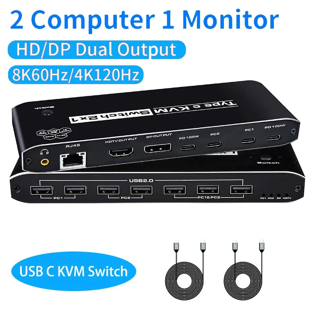 AUTYUE AUTYUE USB-C KVM Switch 8K@60Hz 2 Laptops 1 Monitor PD 100W RJ45 — product photo