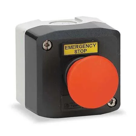 Grey plastic enclosure with red 40 mm mushroom push button, 22 mm mount