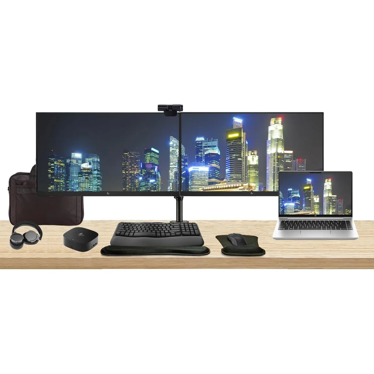 HP HP ProBook 445 G10 14" Ryzen 5 16GB 256GB Bundle 2x27" Monitors Dock Keyboard Mouse Webcam Headphones Bag — product photo