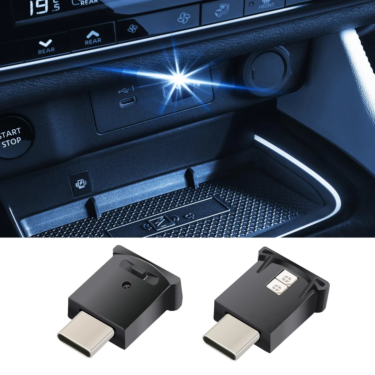 Mini USB-C LED car light, compact matte plastic body